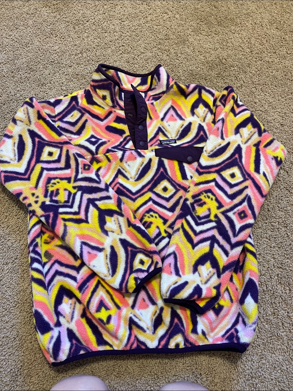 Kids Patagonia Fleece Pullover in Yellow, Pink & Purple Geometric Print